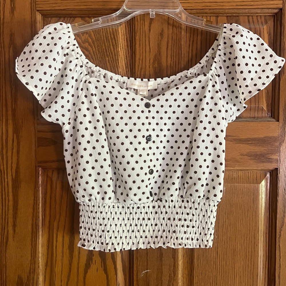 Monteau Brown and White Cap Sleeve Smocked Blouse Women’s Small